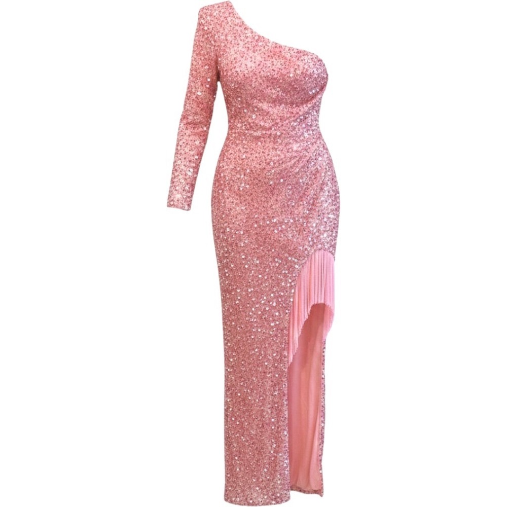 Giffniseti Pink One Shoulder‎ Sequin Fringe High Slit Formal Gown Dress Size M